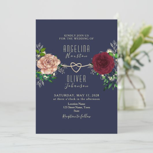 Elegante marine en Bourgondische bloemenbruiloft Kaart (Staand voorkant)