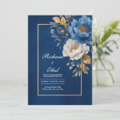 Elegante marine en gouden bloemenbruiloft kaart (Staand voorkant)