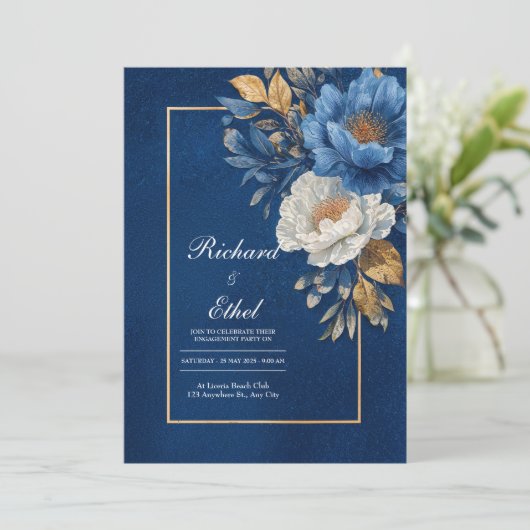 Elegante marine en gouden bloemenbruiloft kaart (Staand voorkant)