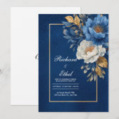 Elegante marine en gouden bloemenbruiloft kaart (Voorkant / Achterkant)