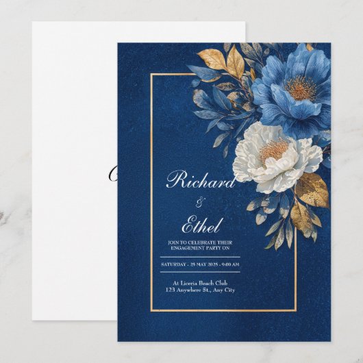 Elegante marine en gouden bloemenbruiloft kaart (Voorkant / Achterkant)
