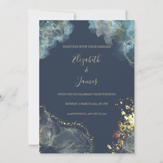 Elegante marine en gouden bruiloft kaart (Voorkant)