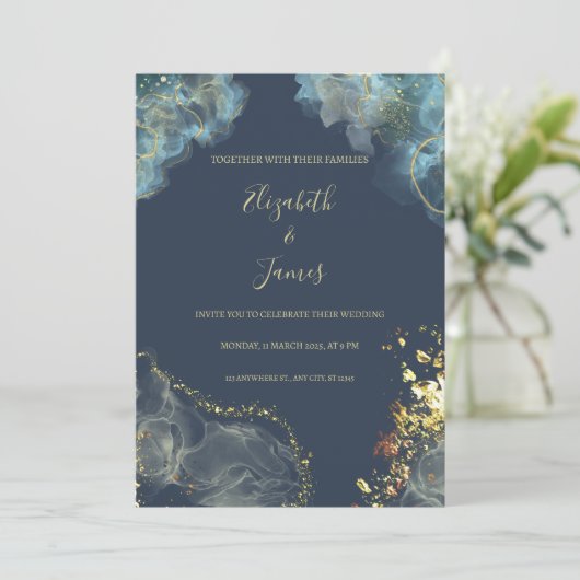 Elegante marine en gouden bruiloft kaart (Staand voorkant)