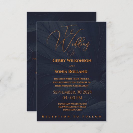 Elegante marine en gouden bruiloft kaart (Voorkant / Achterkant)