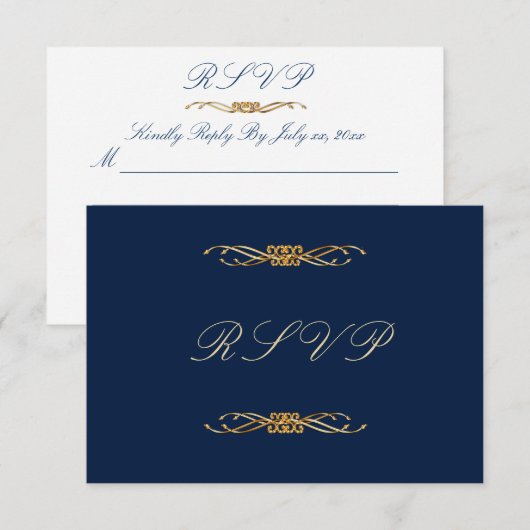 Elegante marine en gouden bruiloft RSVP kaartje (Voorkant / Achterkant)