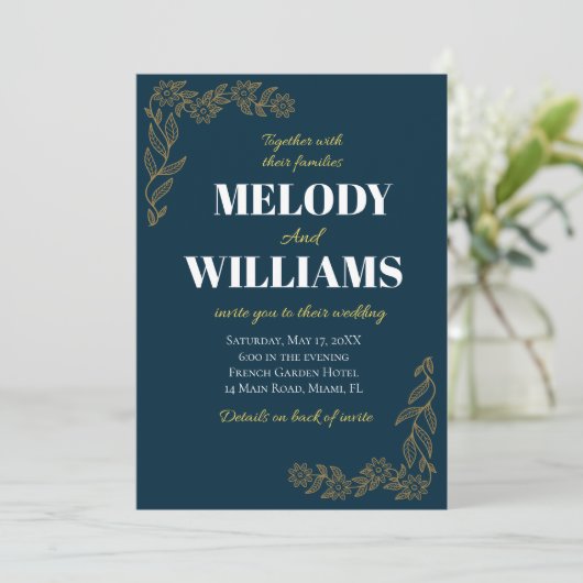 Elegante marine en gouden bruiloft uitnodiging (Staand voorkant)