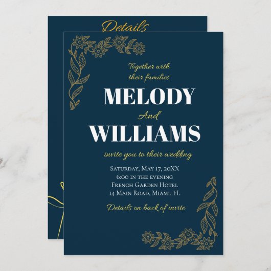Elegante marine en gouden bruiloft uitnodiging (Voorkant / Achterkant)
