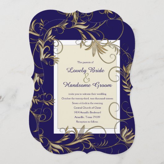 Elegante marine en gouden bruiloft uitnodigingen (Voorkant / Achterkant)