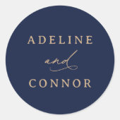 Elegante Marine en Gouden Kalligrafie Bruiloft Ronde Sticker (Voorkant)