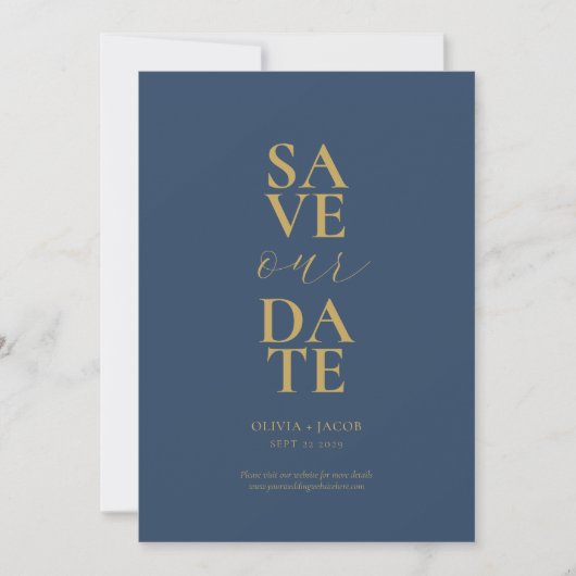 Elegante Marine en Gouden Minimalistische Bruiloft Save The Date (Voorkant)