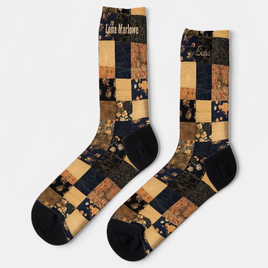 Elegante Marine en Gouden Patchwork - Custom Flora Sokken (Links)