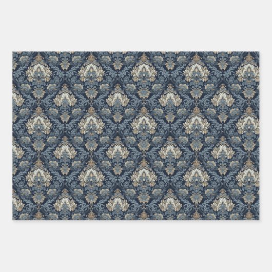 Elegante marine en ivoor damast jacquard patroon inpakpapier vel (Voorkant 3)