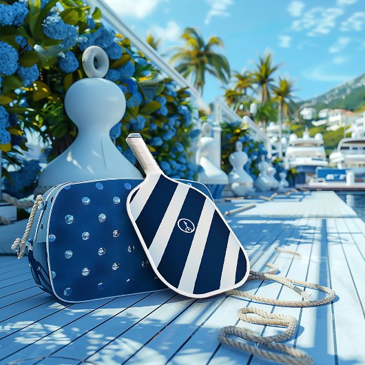 Elegante marine en lichtblauw gestreepte nautische pickleball paddle