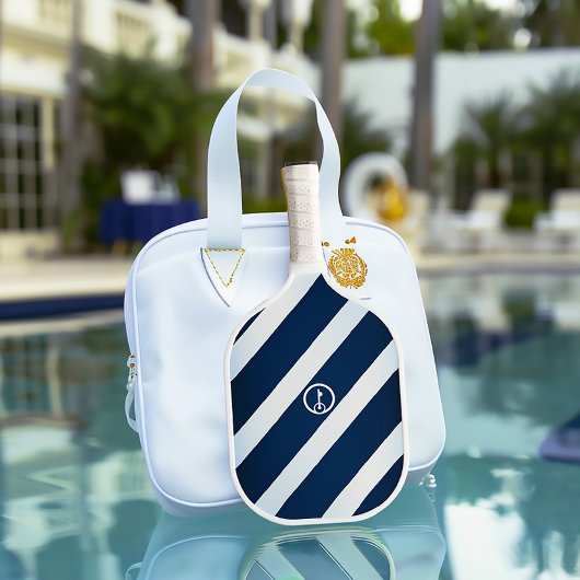 Elegante marine en lichtblauw gestreepte nautische pickleball paddle