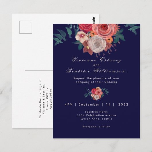 Elegante marine en rode roos waterverf bruiloft briefkaart (Voorkant / Achterkant)