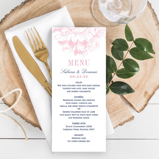Elegante marine en roze Floral Peony bruiloft Menu