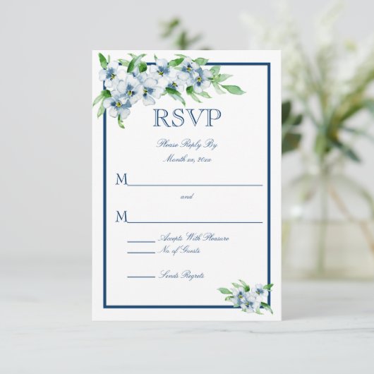 Elegante marine en wit, bruiloft RSVP (Staand voorkant)