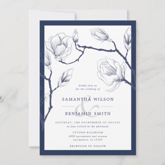 Elegante marine en witte bloemen bruiloft kaart (Voorkant)