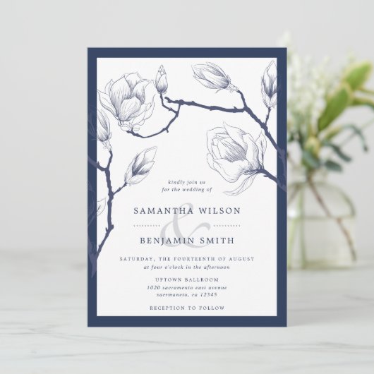 Elegante marine en witte bloemen bruiloft kaart (Staand voorkant)