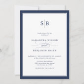 Elegante marine en witte monogram bruiloft kaart (Voorkant)