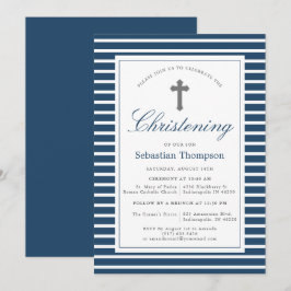 Elegante marine en witte strepen doopsel kaart