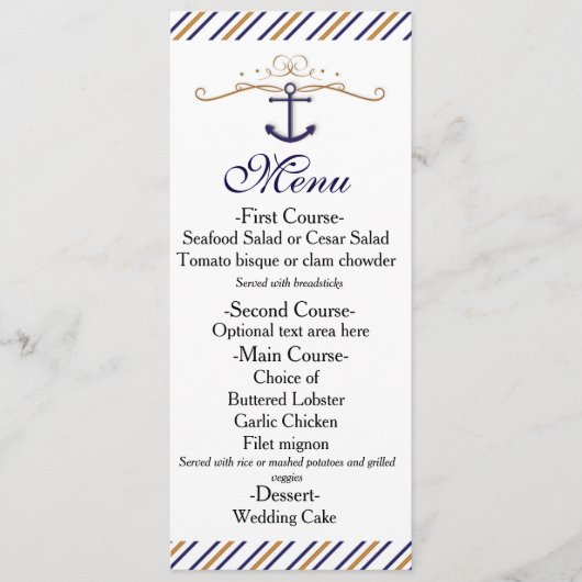 Elegante marine gestreepte gouden blauwe trouwmenu menu (Voorkant)