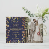 Elegante Marine & Goud Bloemen Bruiloft Foto Bedankkaart (Staand voorkant)