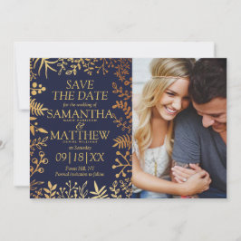 Elegante Marine & Goud Bloemen Bruiloft Foto Save The Date