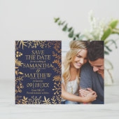 Elegante Marine & Goud Bloemen Bruiloft Foto Save The Date (Staand voorkant)