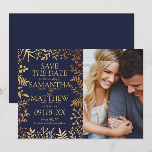 Elegante Marine & Goud Bloemen Bruiloft Foto Save The Date (Voorkant / Achterkant)