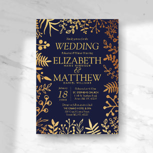 Elegante Marine & Goud Bloemen Huwelijksrepetitie Kaart