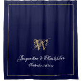 Elegante Marine, Goud en Wit Monogram Huwelijk Douchegordijn (Voorkant)