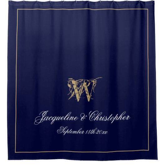 Elegante Marine, Goud en Wit Monogram Huwelijk Douchegordijn (Voorkant)