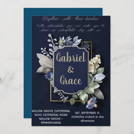 ELEGANTE MARINE GOUD KLASSIEKE BRUILOFT UITNODIGIN KAART (Voorkant / Achterkant)