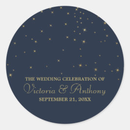 Elegante marine & goud vallende sterren bruiloft g ronde sticker