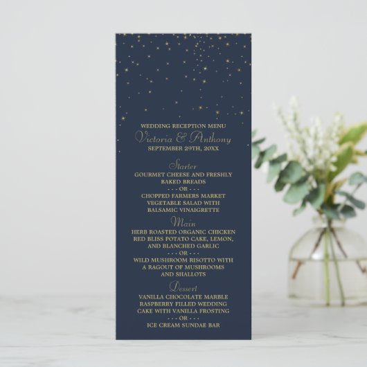 Elegante Marine & Goud Vallende Sterren Bruiloft M Menu (Staand voorkant)