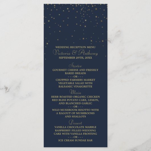 Elegante Marine & Goud Vallende Sterren Bruiloft M Menu (Voorkant)