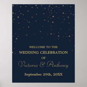 Elegante Marine/Goud Vallende Sterren Bruiloft Wel Poster