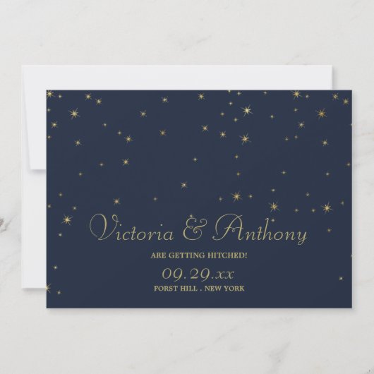 Elegante Marine & Goud Vallende Sterren Sla de Dat Save The Date (Voorkant)