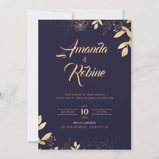 Elegante marine & gouden bruiloft uitnodiging (Voorkant)