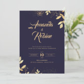 Elegante marine & gouden bruiloft uitnodiging (Staand voorkant)