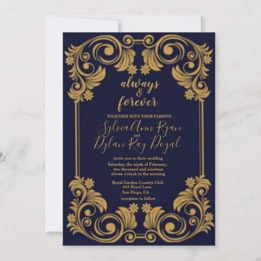 Elegante marine & gouden bruiloft uitnodiging (Voorkant)