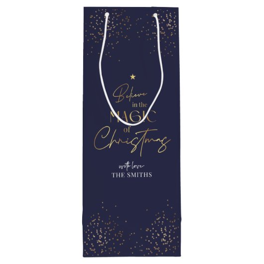 Elegante marine & gouden glitter familienaam kerst wijn cadeautas (Achterkant)