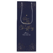 Elegante marine & gouden glitter familienaam kerst wijn cadeautas (Voorkant)