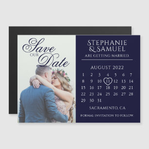 Elegante marine huwelijks kalender foto save the d magnetische uitnodiging
