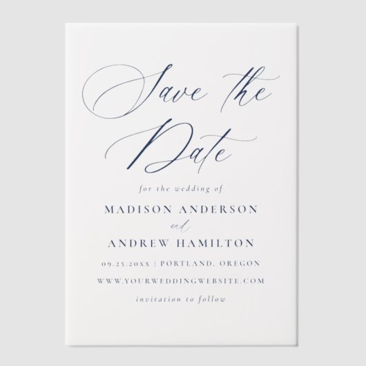 Elegante marine kalligrafie bruiloft Save the Date Vellum Uitnodigingen (Voorkant)