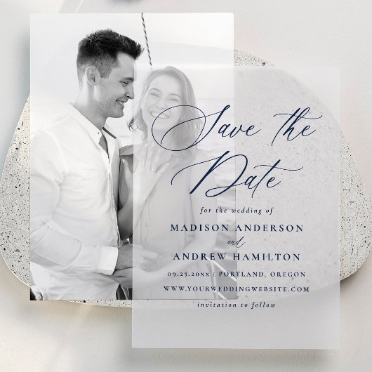 Elegante marine kalligrafie bruiloft Save the Date Vellum Uitnodigingen