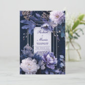 Elegante Marine & Lavendel Bloemen Huwelijksuitnod Kaart (Staand voorkant)