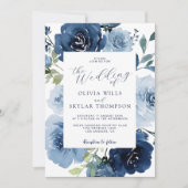 Elegante marine licht blauw stoffige bloemen bruil kaart (Voorkant)