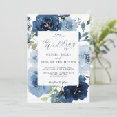 Elegante marine licht blauw stoffige bloemen bruil kaart (Staand voorkant)